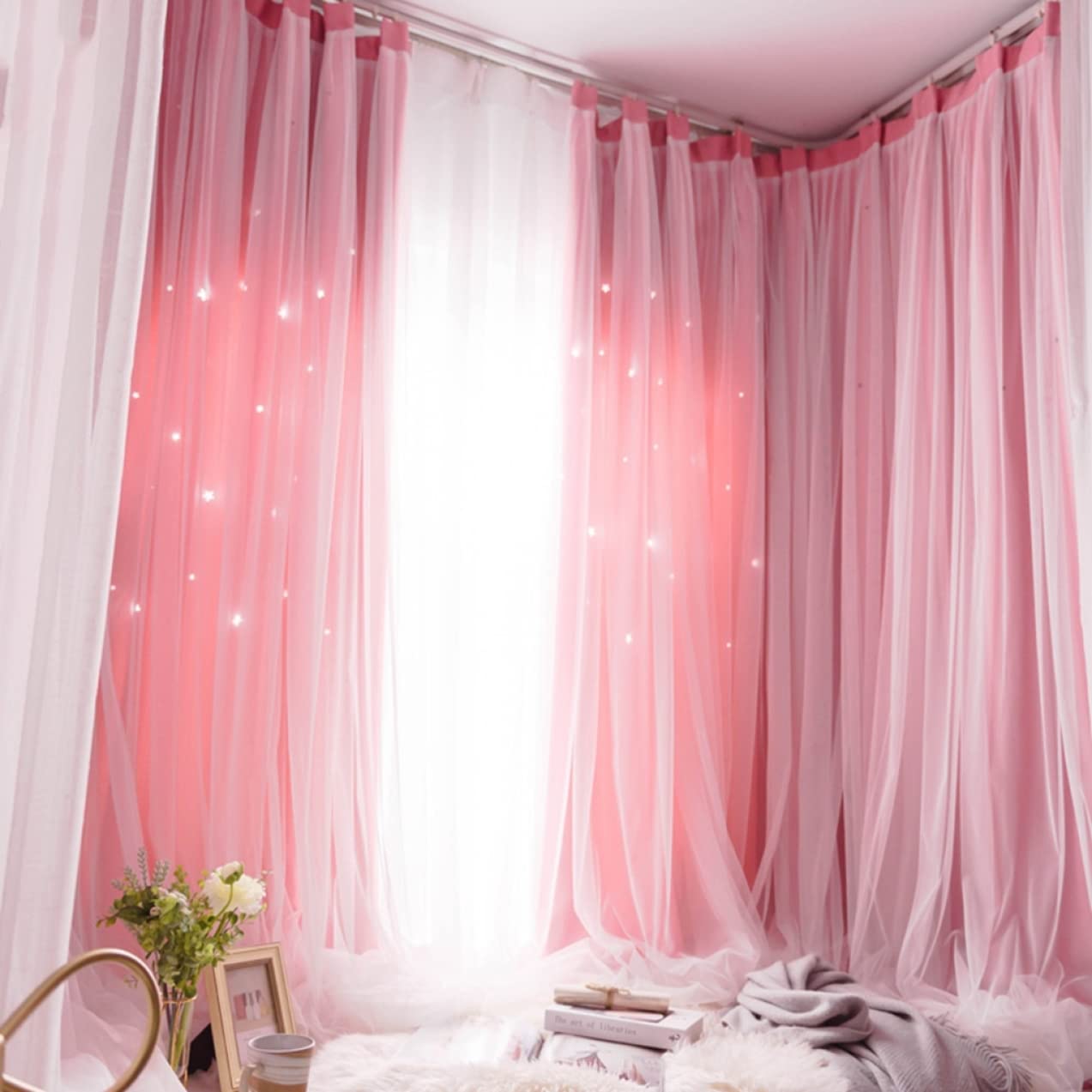 カーテン　ピンク UVカット・保温・遮熱・156サイズレースカーテン (プリント